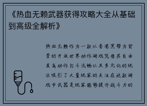 《热血无赖武器获得攻略大全从基础到高级全解析》