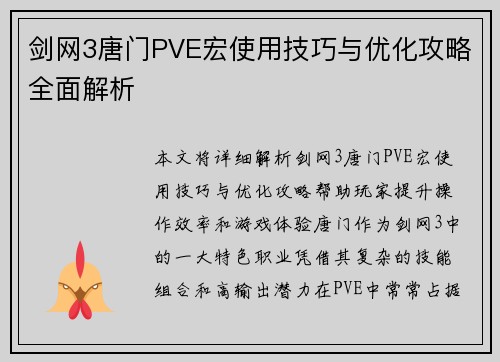 剑网3唐门PVE宏使用技巧与优化攻略全面解析